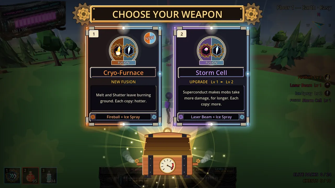 A chest offering two Fusion cards: Cryo-Furnace and Storm Cell.