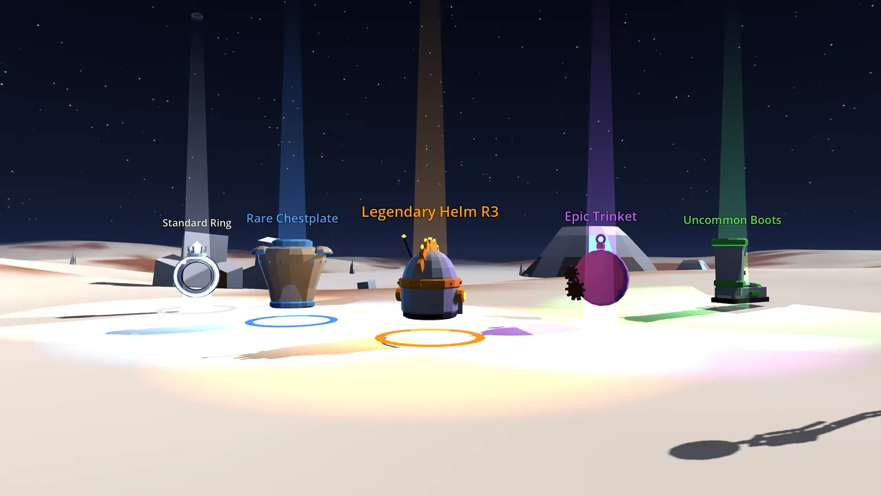 Gear drops of every rarity glowing on the ground at night, a Legendary Helm in the middle.