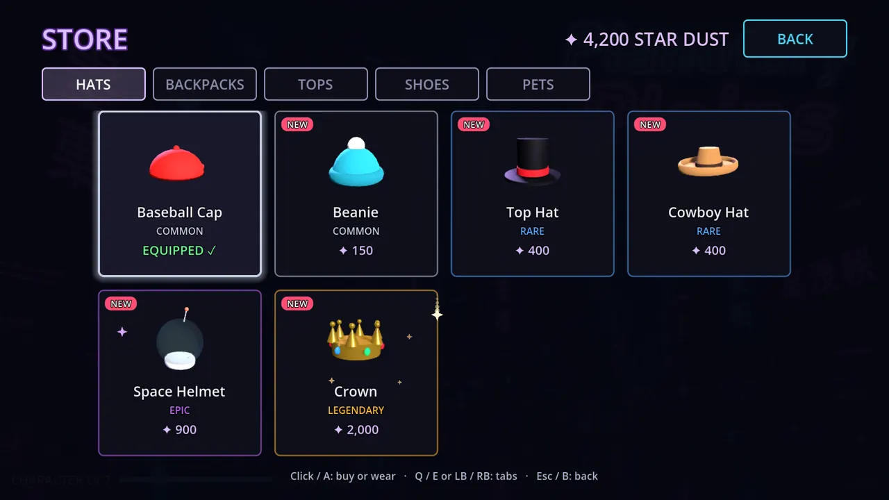The Store's Hats tab: Baseball Cap, Beanie, Top Hat, Cowboy Hat, Space Helmet and a sparkling Legendary Crown, with prices in Star Dust.