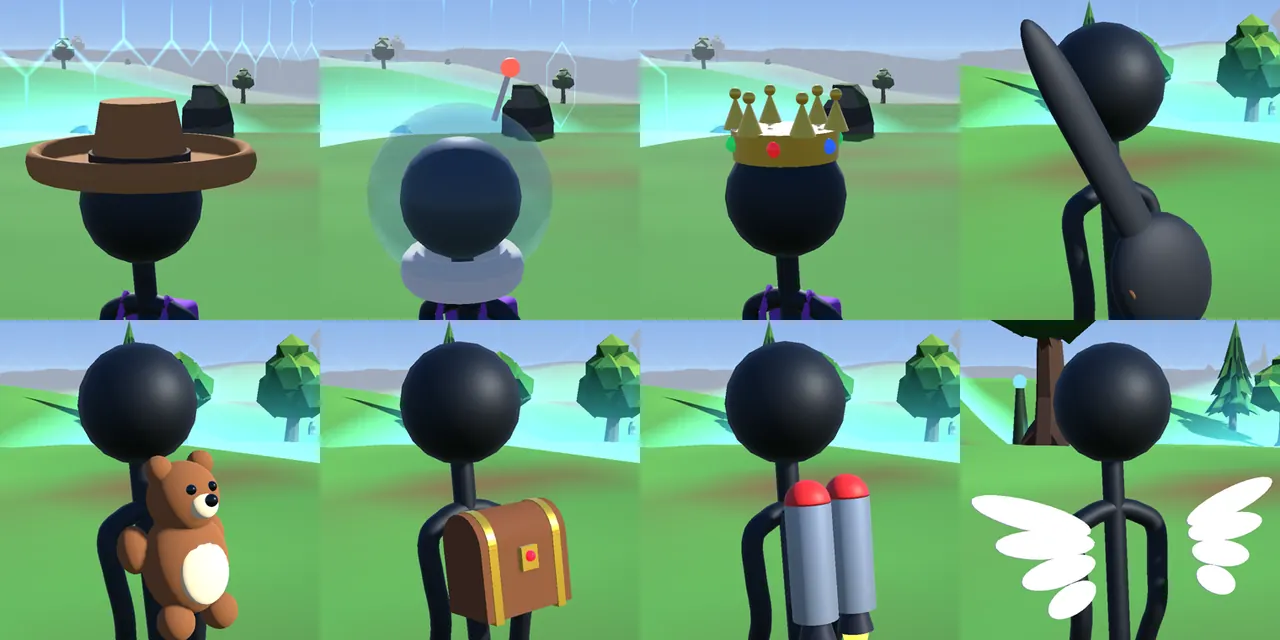 The stick man wearing a Cowboy Hat, Space Helmet and Crown, and backpacks: Teddy Bear, Treasure Chest, Jetpack and Angel Wings.