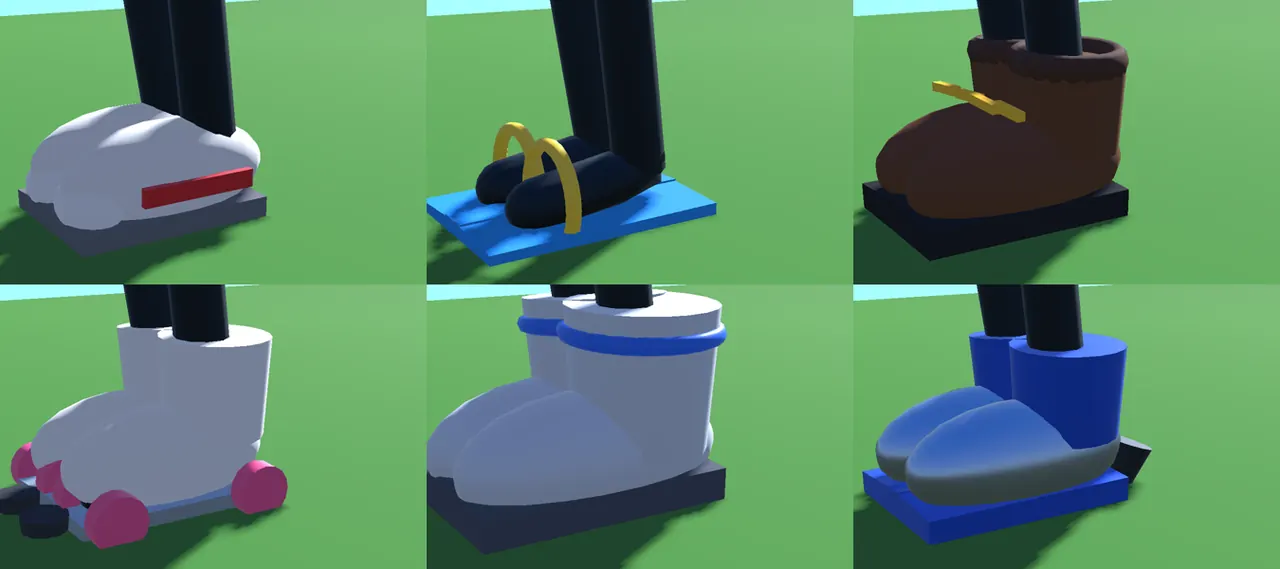 Six pairs of shoes worn by the stick man: Sneakers, Flip-Flops, Hiking Boots, Roller Skates, Moon Boots and Rocket Boots.
