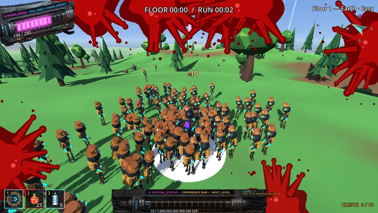 A ring of hundreds of steampunk robots closing in on the player on a green plain, with blood splatter around the edges.