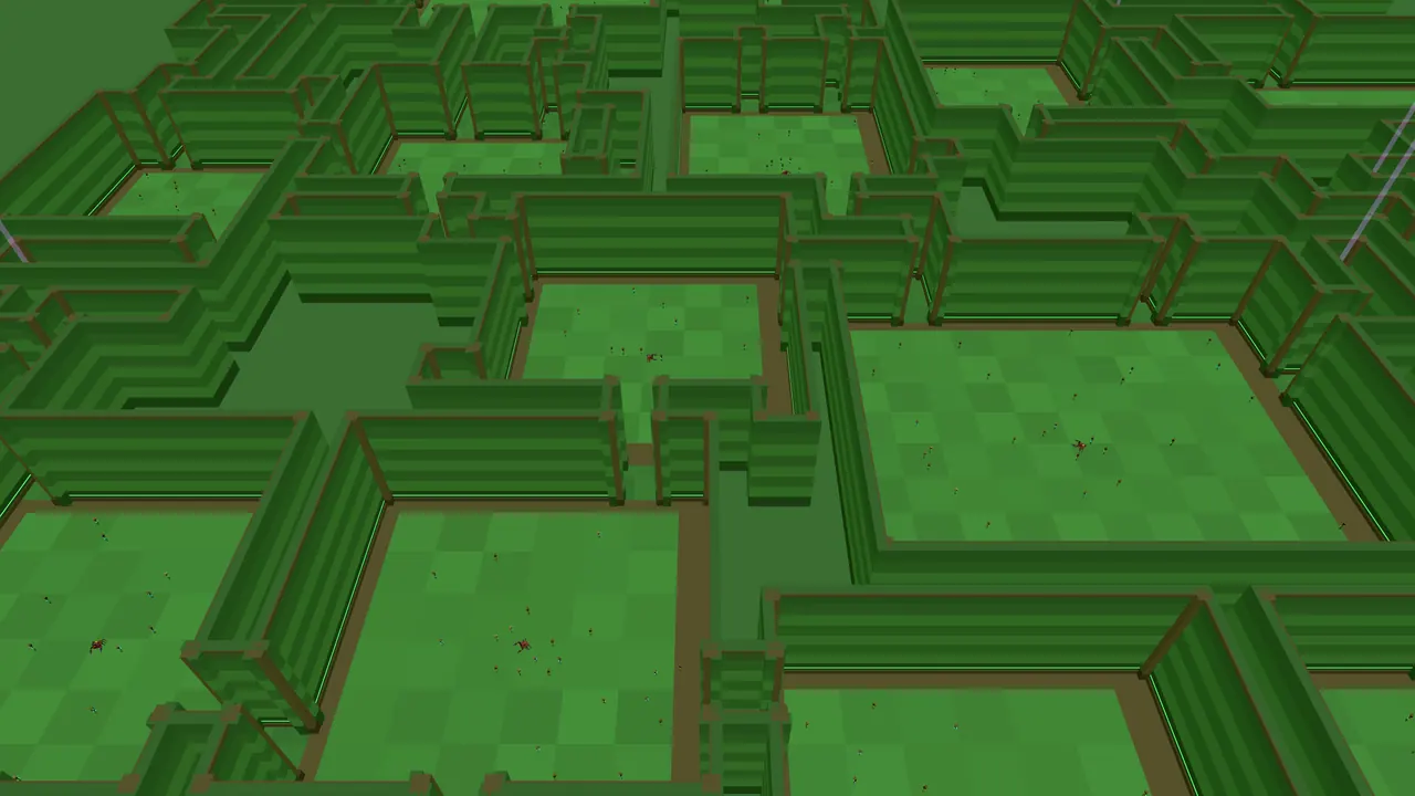 The Tower seen from above with its roof lifted off: a green maze of walled fight rooms.